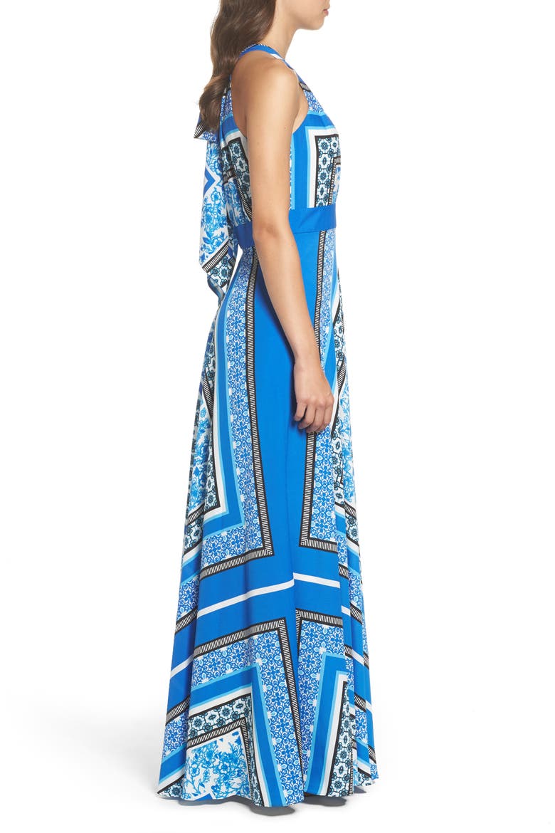 Scarf Print Halter Crêpe de Chine Maxi Dress, Alternate, color, BLUE