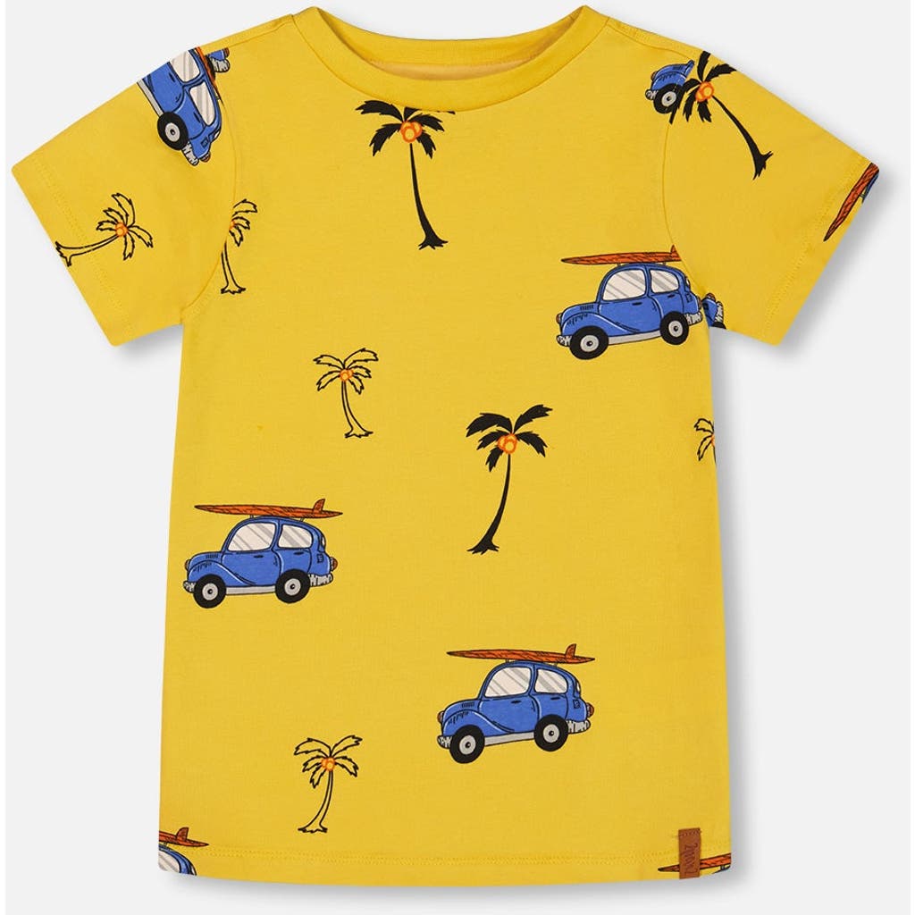 Deux Par Deux Boy's Printed Organic Cotton Tee Yellow And Blue Car In Yellow And Blue Car