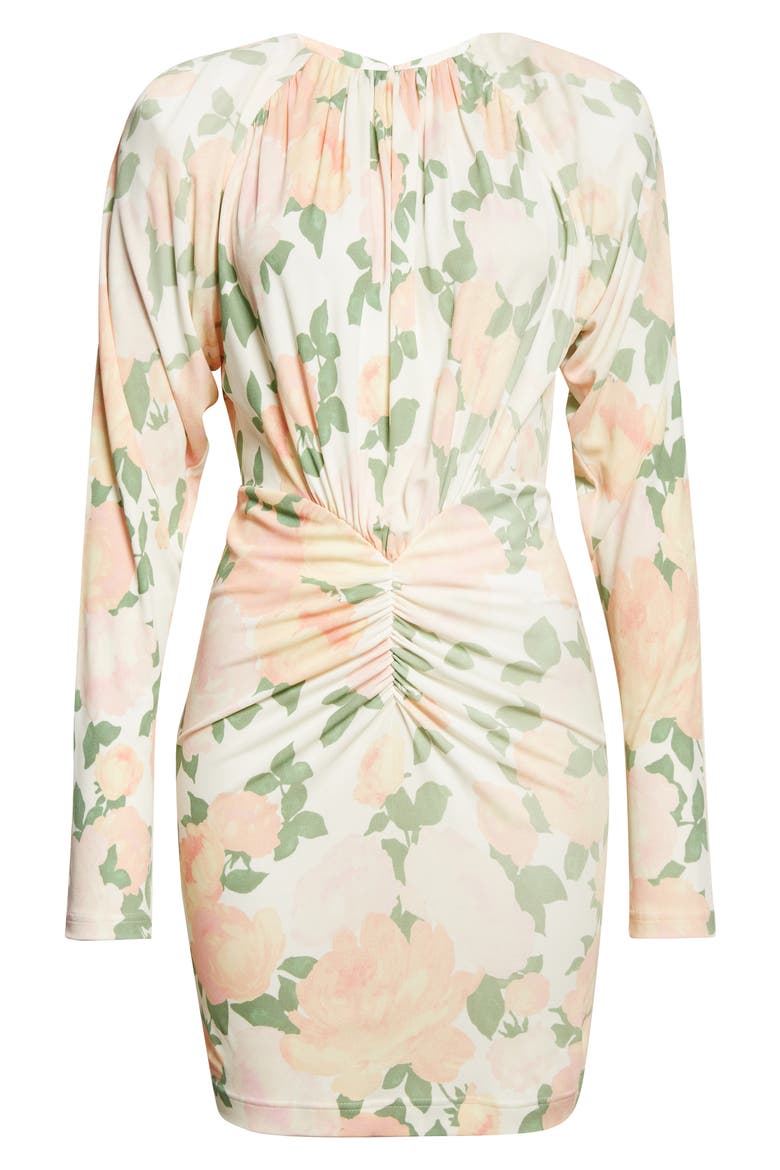Peony Print Long Sleeve Minidress, Alternate, color, IVORY/ PINK/ GREEN