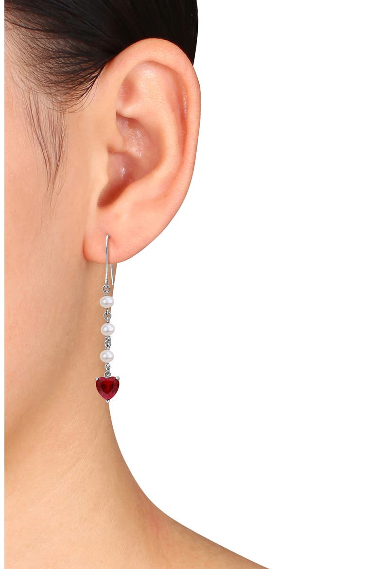 Sterling Silver Cultured Pearl & Lab Grown Ruby Heart Drop Earrings, Alternate, color, RED