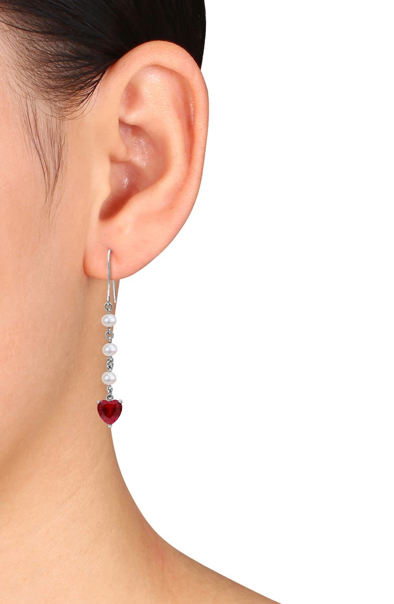 DELMAR Sterling Silver Cultured Pearl & Lab Grown Ruby Heart Drop Earrings, Alternate, color, 