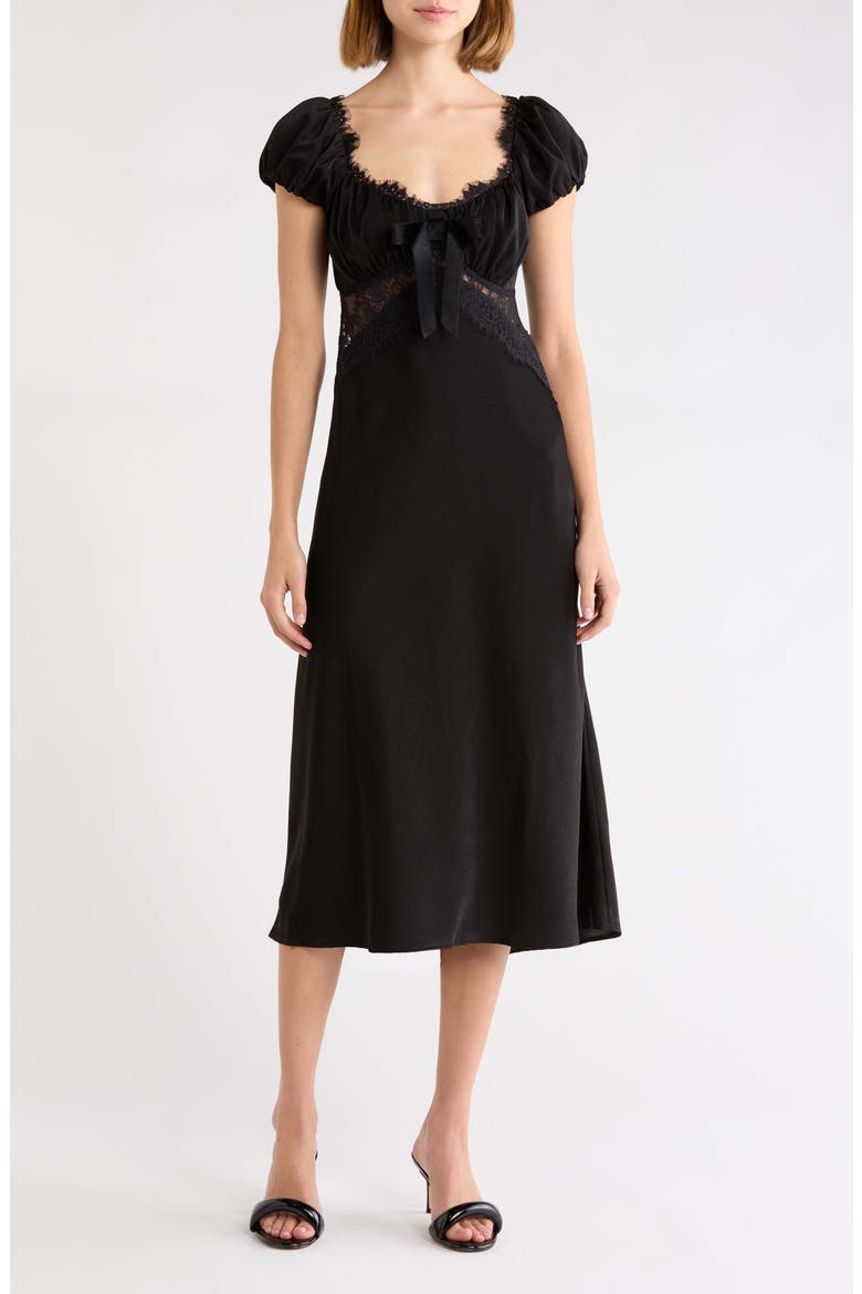 Mira Lace Trim Puff Sleeve Dress, Main, color, BLACK