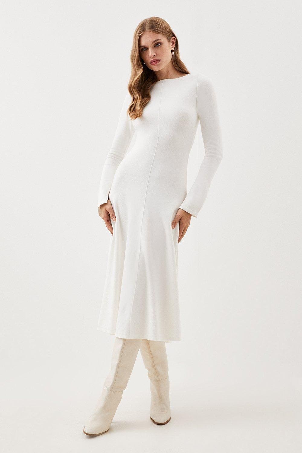 Karen Millen Knit Wool Look Full Skirt Midi Dress In White