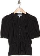 Steve Madden Shadow Stripe Ruffle Cotton Button Top