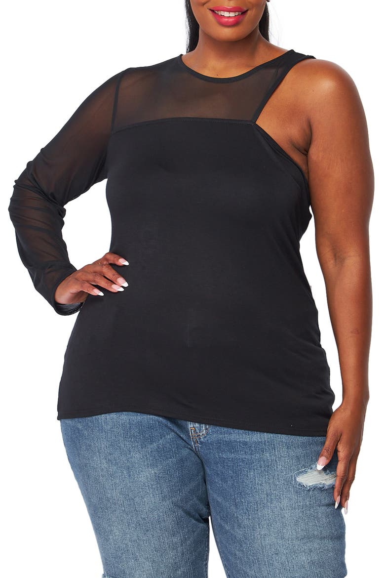 Mesh Notch One-Shoulder Mixed Media Top, Main, color, BLACK -