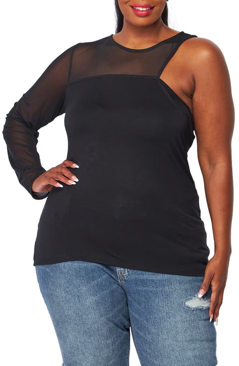 Mesh Notch One-Shoulder Mixed Media Top (Plus)