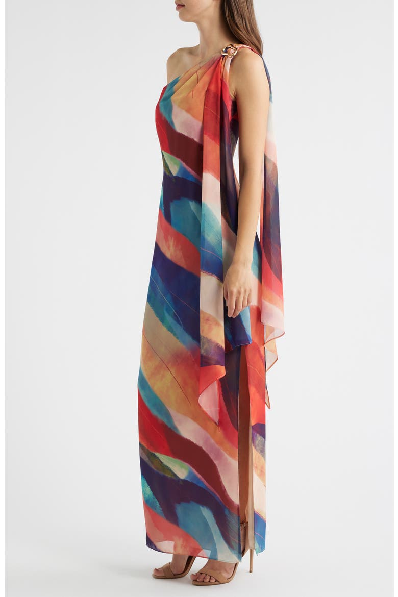Abstract Stripe One-Shoulder Chiffon Gown, Alternate, color, CORAL MULTI