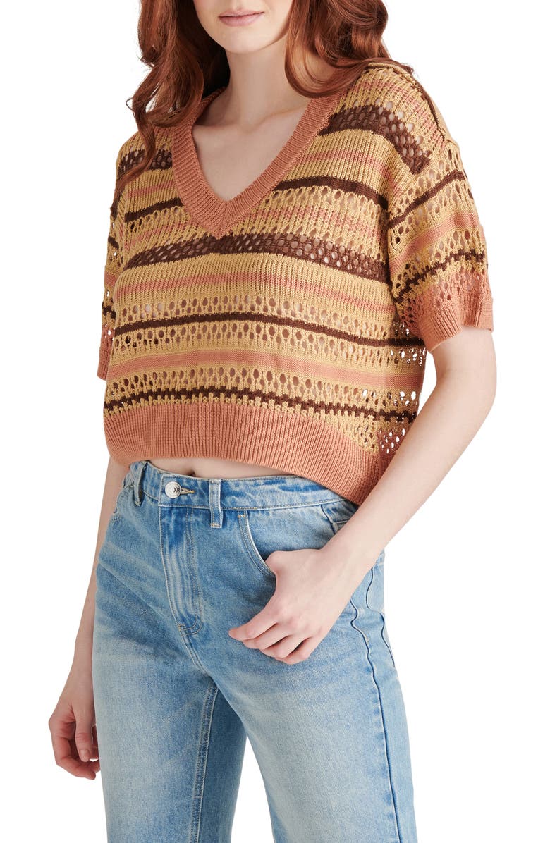 Steve Madden Noreen Stripe Mixed Stitch Short Sleeve Cotton Sweater, Alternate, color, Multi