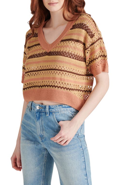 Steve Madden Noreen Stripe Mixed Stitch Short Sleeve Cotton Sweater In Multi