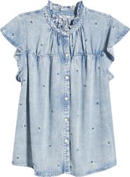 Rails Ruthie Floral Embroidered Ruffle Cap Sleeve Button-Up Top