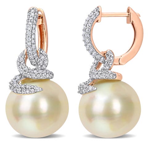 Pearl and Diamond Swirl Huggie Earrings 14k