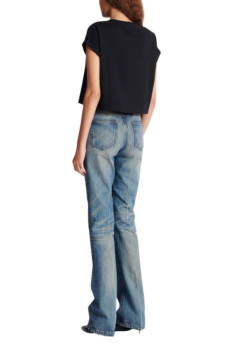 Cropped T-Shirt with Balmain Print, Alternate, color, black