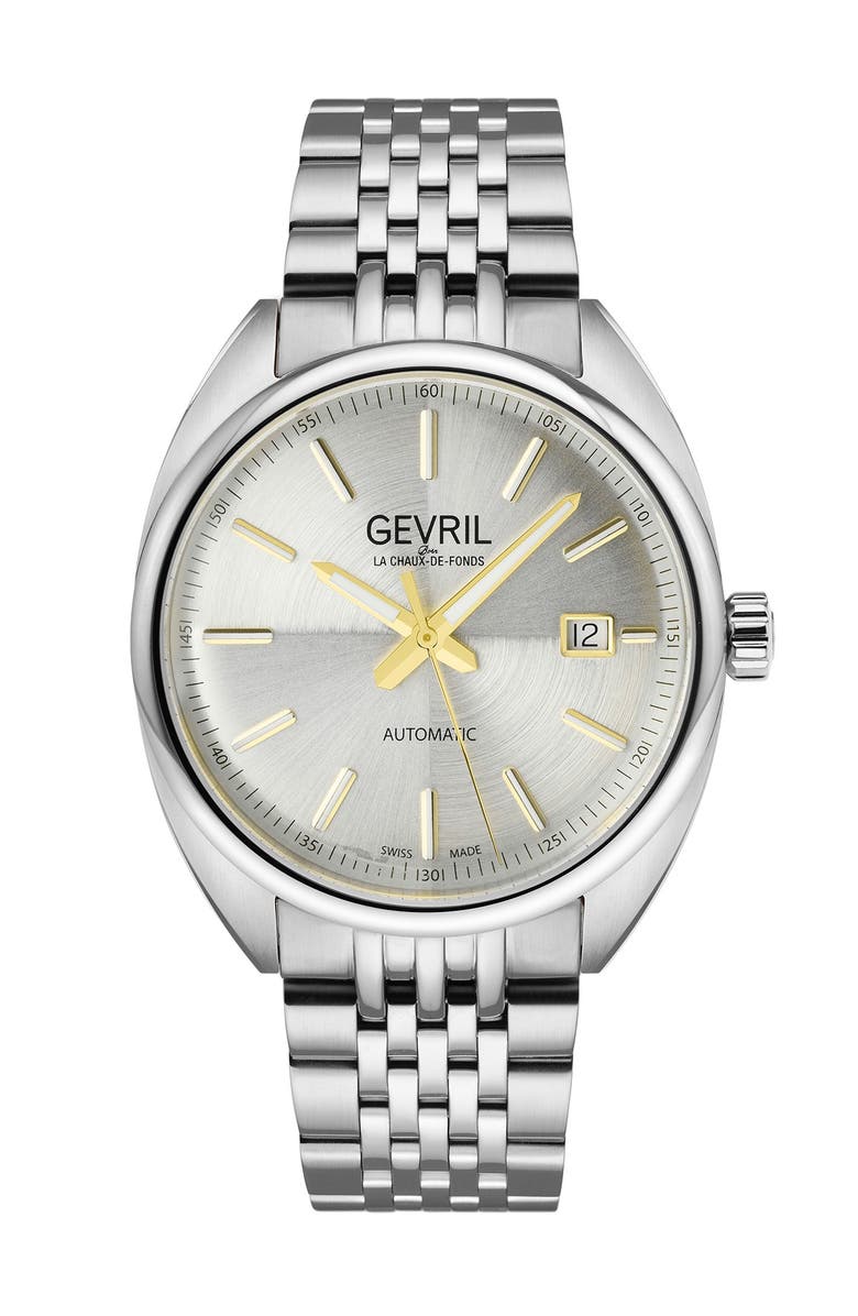 GEVRIL Five Points Silver Dial Stainless Steel Bracelet Watch, 44.5 mm, Main, color, Silver