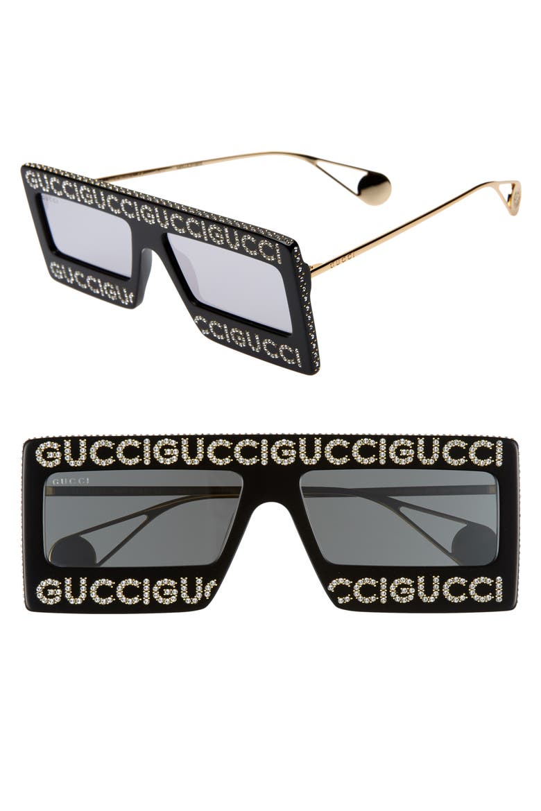 60mm Mask Rectangular Sunglasses, Main, color, BLACK/SWAROVSKI W/GREY WHITE