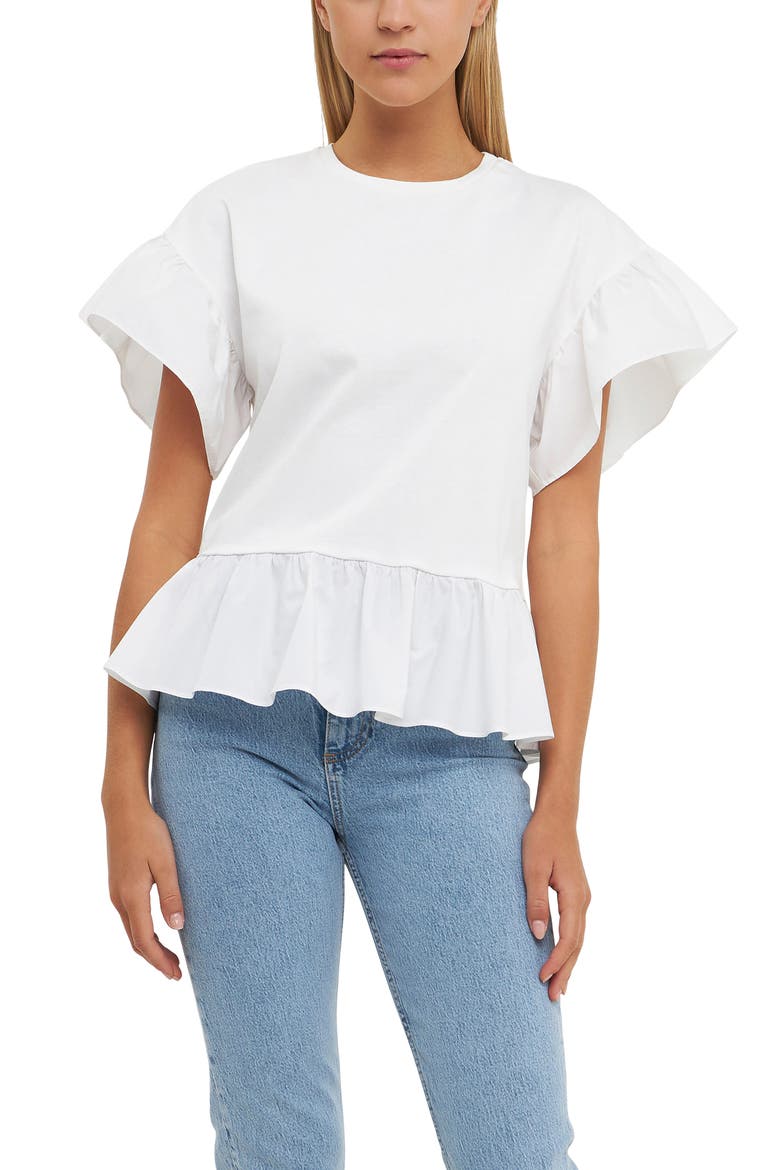 Mixed Media Flutter Sleeve Peplum Cotton Top, Alternate, color, WHITE