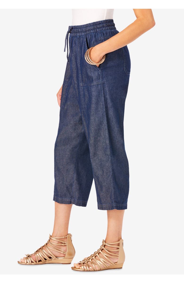 Roaman's Plus Size Chambray Wide Leg Capri Pant, Alternate, color, Light Stonewash