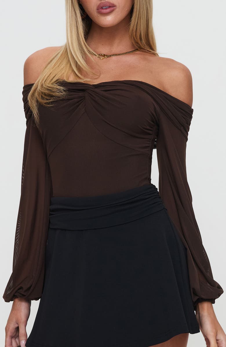 Princess Polly Babette Off the Shoulder Bodysuit, Main, color, Brown