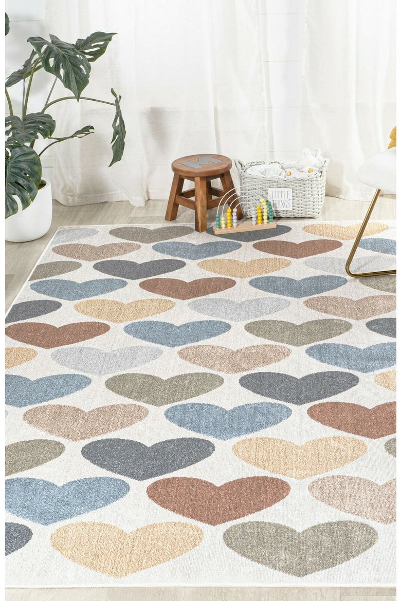 Dila Modern Hearts Geometric Machine-Washable Area Rug, Alternate, color, Ivory/Blue/Orange