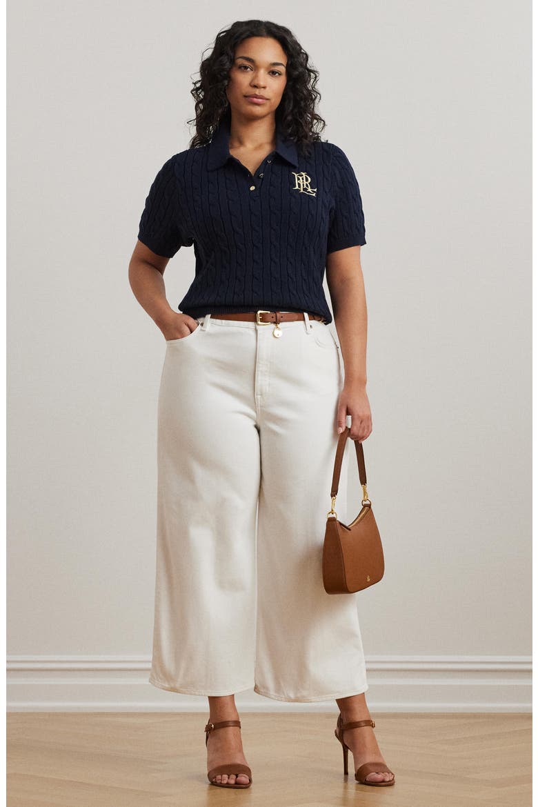 Embroidered Cable Cotton Polo Sweater, Alternate, color, LAUREN NAVY