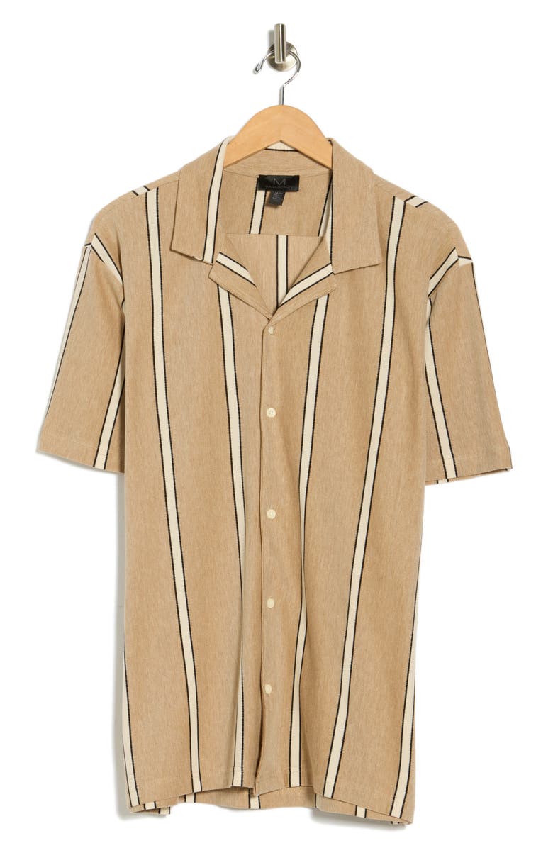 M Magaschoni Piqué Knit Button-Up Resort Shirt, Alternate, color, Light Brown/Off White/Black