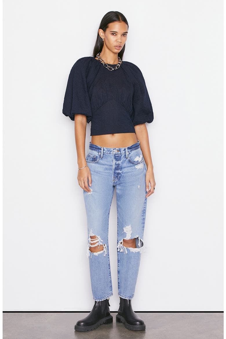 Puff Sleeve Cotton Crop Top, Alternate, color, NAVY