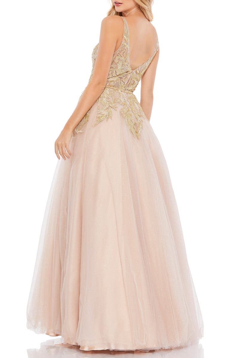 Mac Duggal Gold Leaf Appliqué Tulle Gown, Alternate, color, 