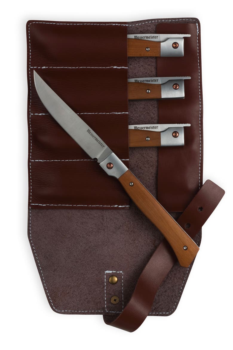 Folding Steak Knife 4 Piece Set in Leather Roll, Main, color, Maple