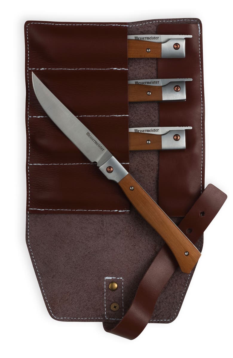 Messermeister Folding Steak Knife 4 Piece Set in Leather Roll, Main, color, Maple