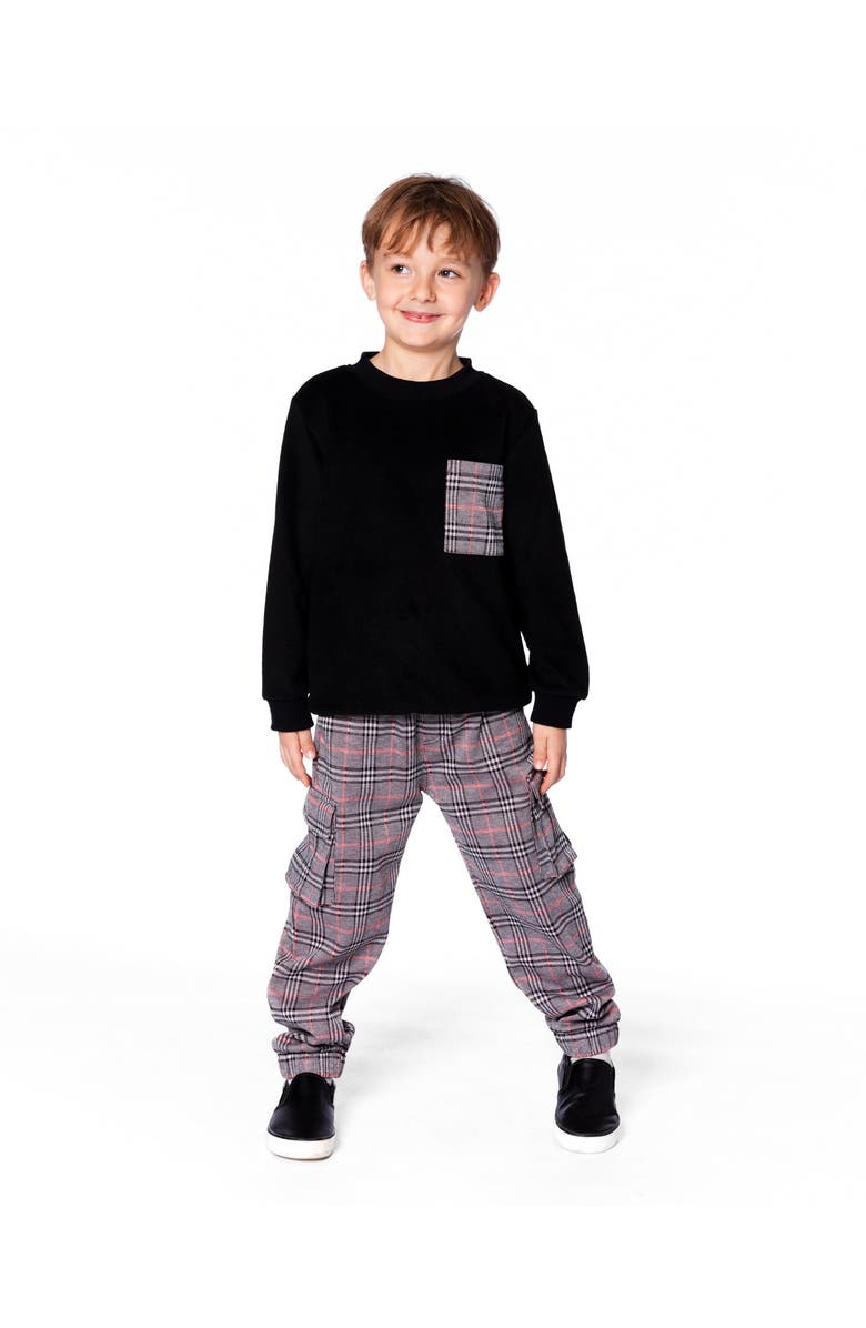 Deux par Deux Super Soft Brushed Jersey Long Sleeve Top with Plaid Pocket, Alternate, color, Black