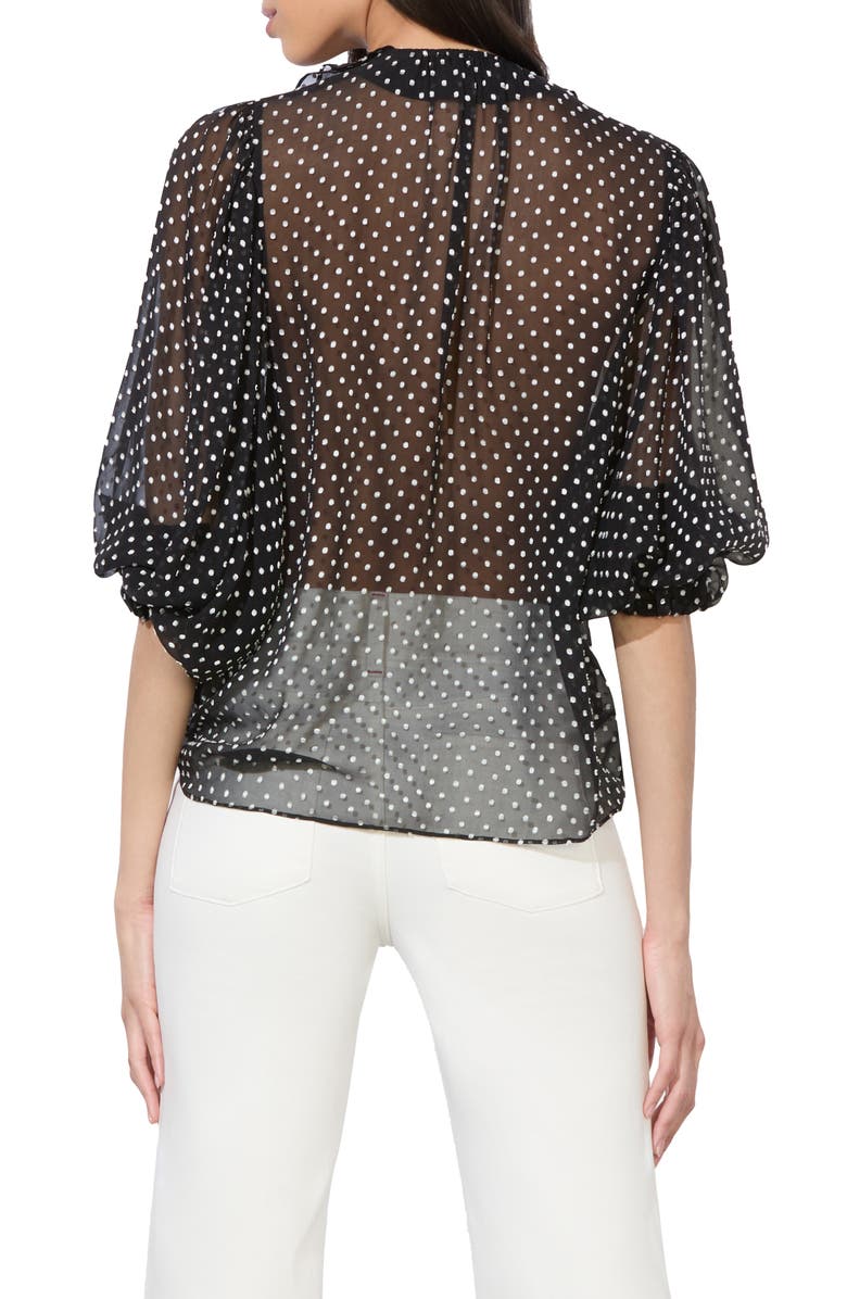 Alice + Olivia Betsie Clip Dot Ruffle Sheer Silk Blend Top, Alternate, color, Black/ Off White Polka Dot
