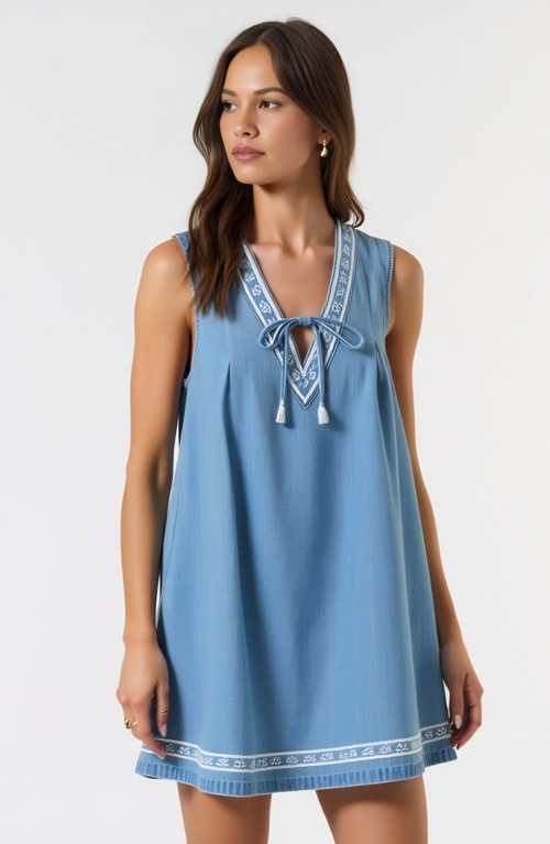 Modenaire Sleeveless Mini Dress With Embroidered Trim And Tie Front Detail