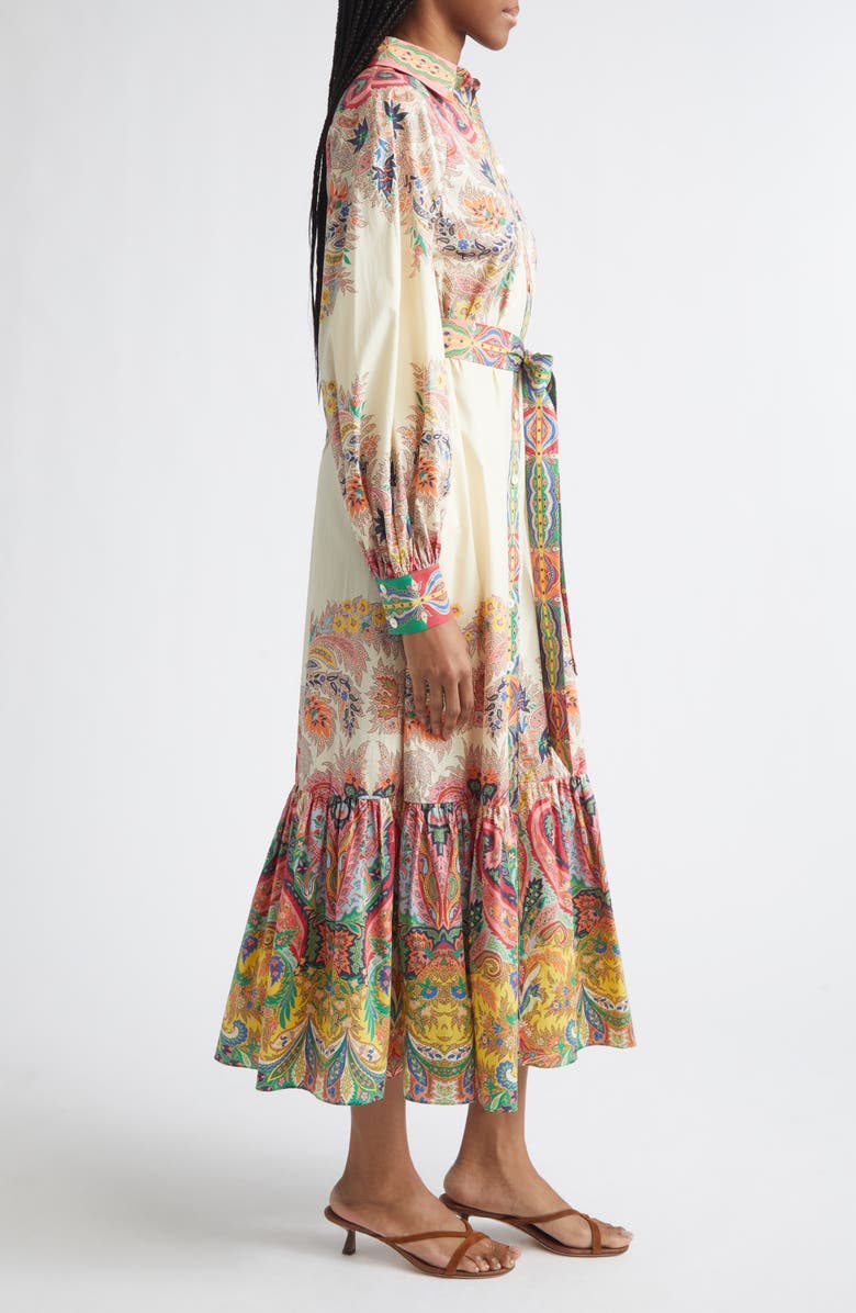 Etro Placed Paisley Long Sleeve Belted Midi Shirtdress, Alternate, color, Print On White Base
