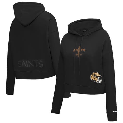 Pro Standard Black New Orleans Saints Jeweled Cropped Pullover Hoodie