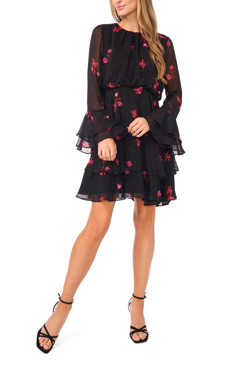Floral Ruffle Long Sleeve Chiffon Dress, Main, color, RICH BLACK
