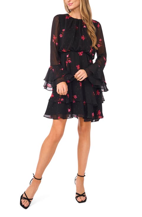 Floral Ruffle Long Sleeve Chiffon Dress