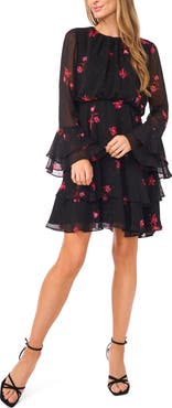 CeCe Floral Ruffle Long Sleeve Chiffon Dress