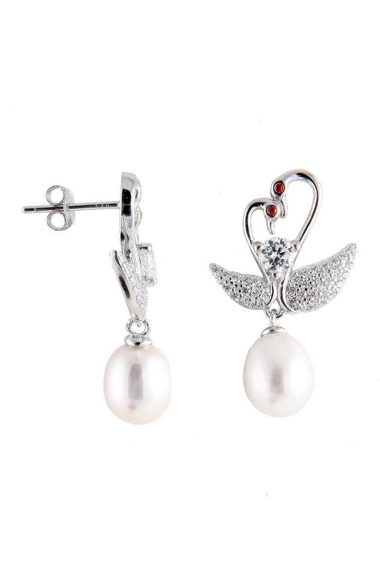 Stone Detail Double Swan Freshwater Pearl Drop Earrings, Main, color, NATURAL WHITE
