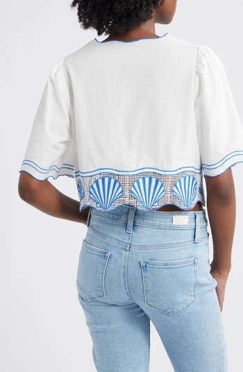 Venice Shell Embroidered Cotton & Linen Crop Top