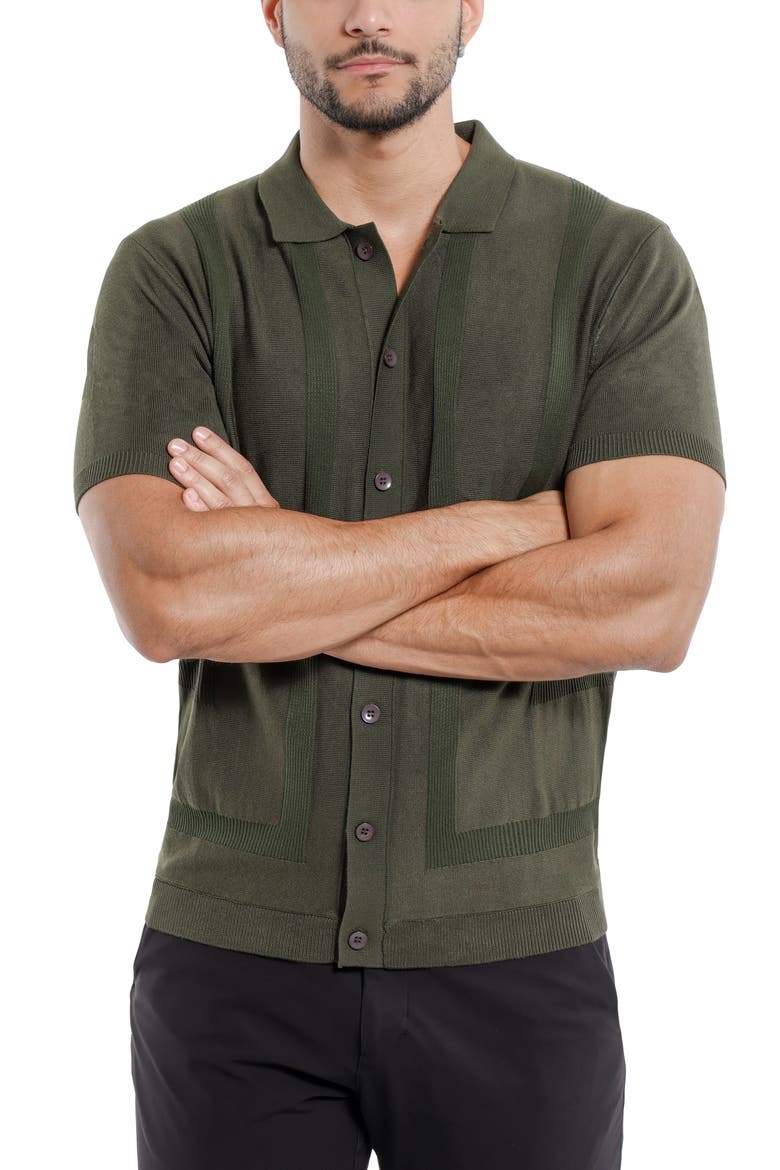 Textured Short Sleeve Button-Up Sweater, Alternate, color, OLIVE