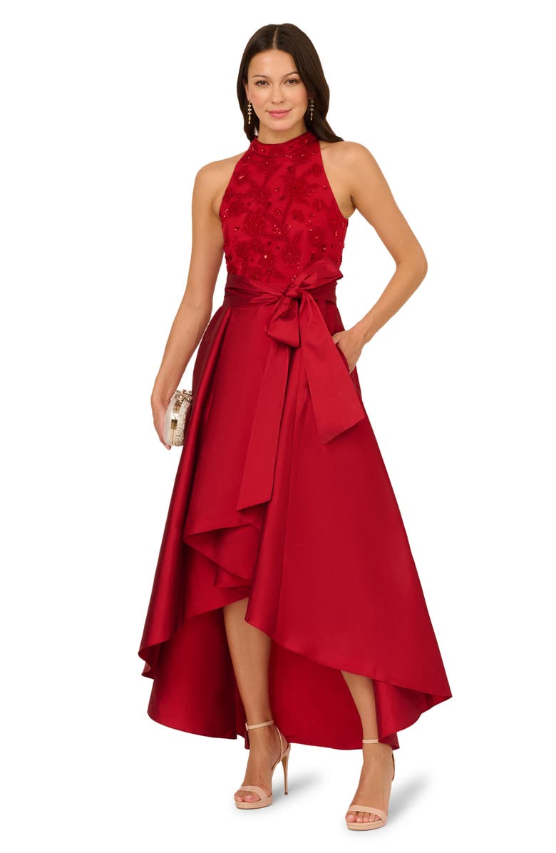 Adrianna Papell Floral Embroidered Beaded Taffeta High-Low Gown, Alternate, color, Red