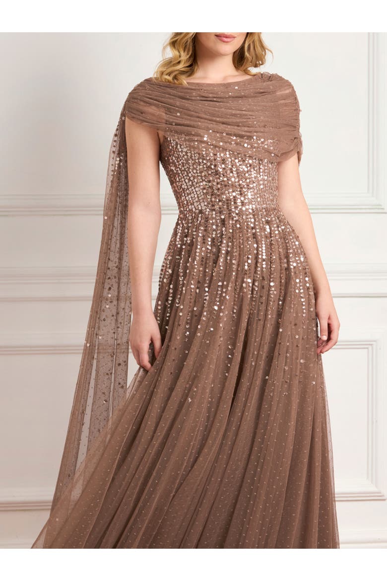 Moonlight Sequin Draped Gown, Alternate, color, Cocoa/Tawny