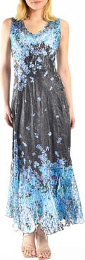 Komarov Blue Floral Border Print Maxi Dress