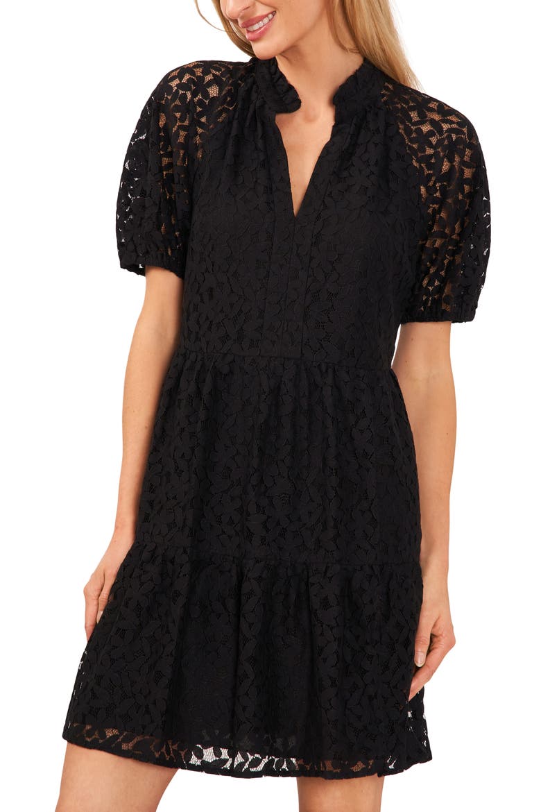 Puff Sleeve Babydoll Lace Minidress, Alternate, color, RICH BLACK