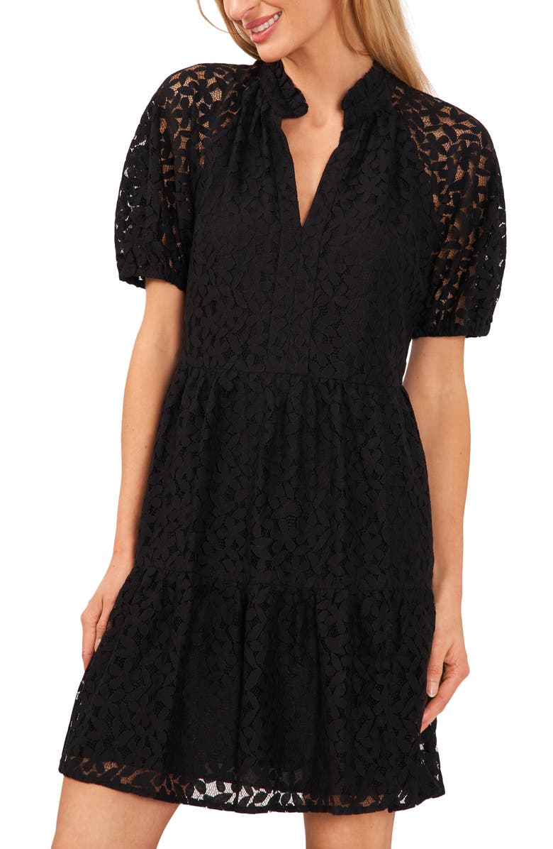 CeCe Puff Sleeve Babydoll Lace Minidress, Alternate, color, Rich Black
