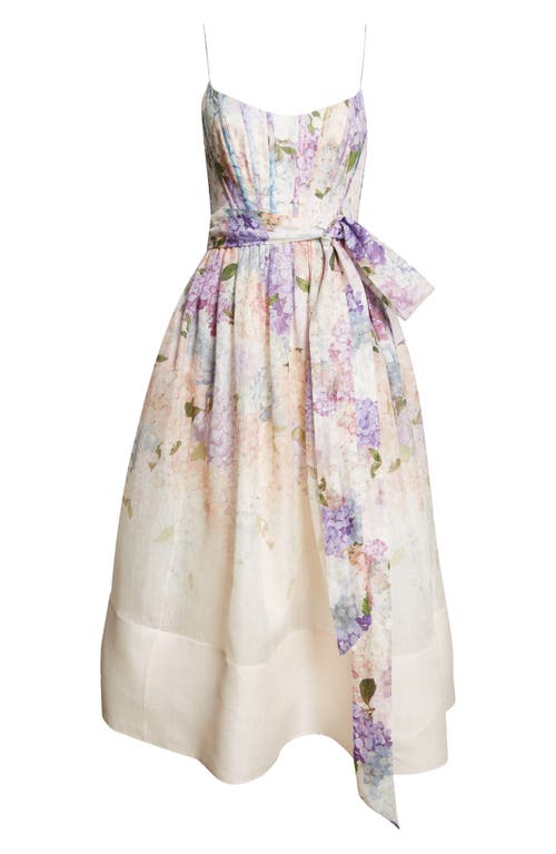 Zimmermann Dawning Belted Floral-print Linen And Silk-blend Midi Dress In Lilac Floral