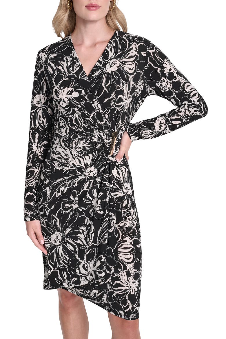Long Sleeve Faux Wrap Dress, Alternate, color, BLACK/ IVORY