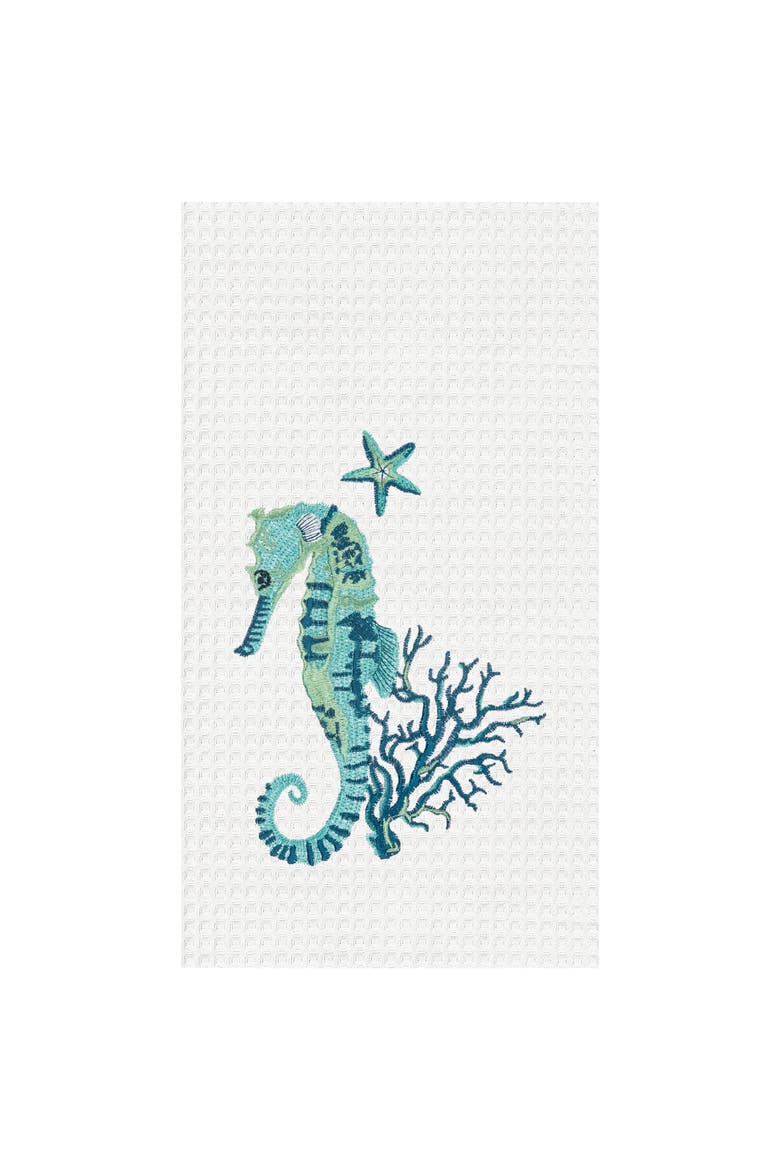 Seahorse & Coral Embroidered 100% Cotton Waffle Weave Dishtowel, Main, color, Blue