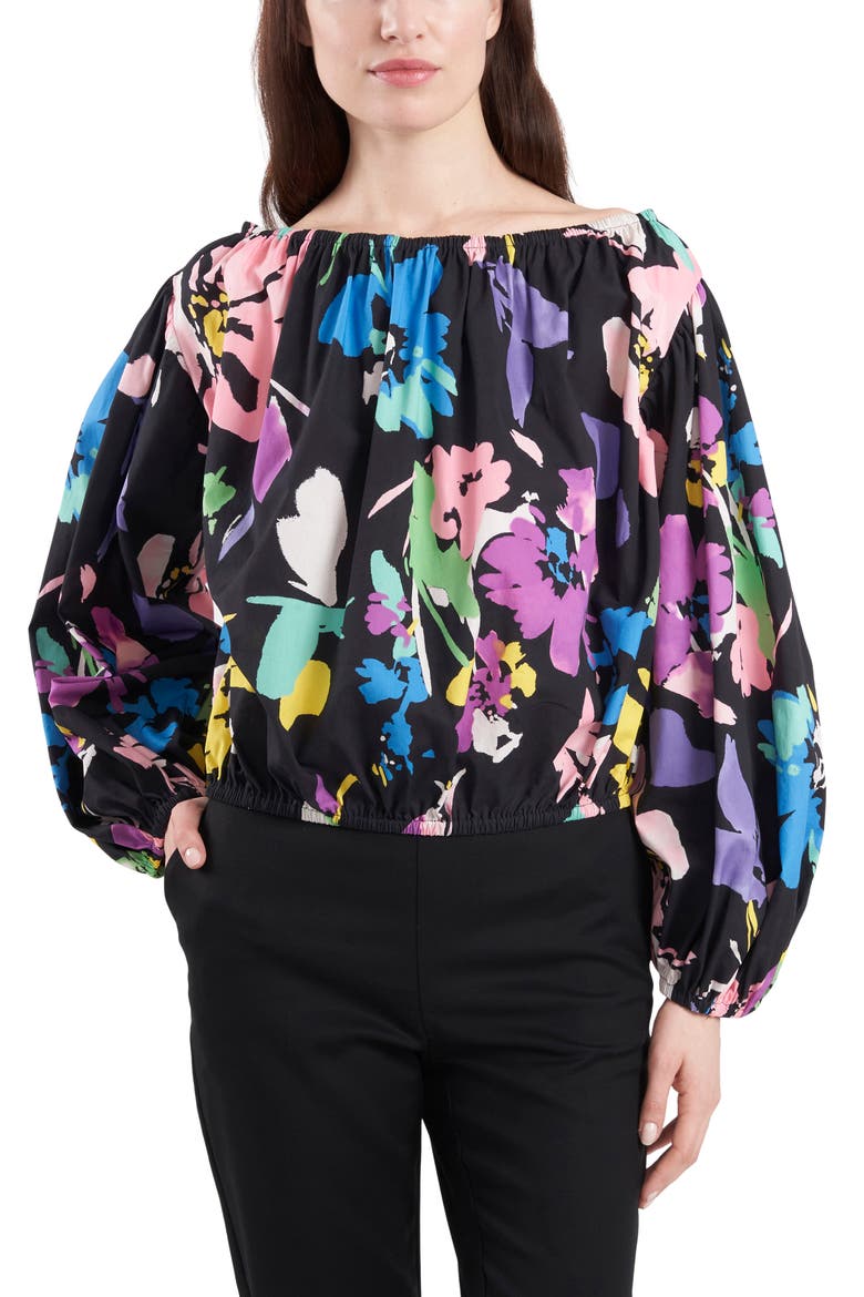 Off the Shoulder Puff Sleeve Top, Main, color, NAVY MULTI