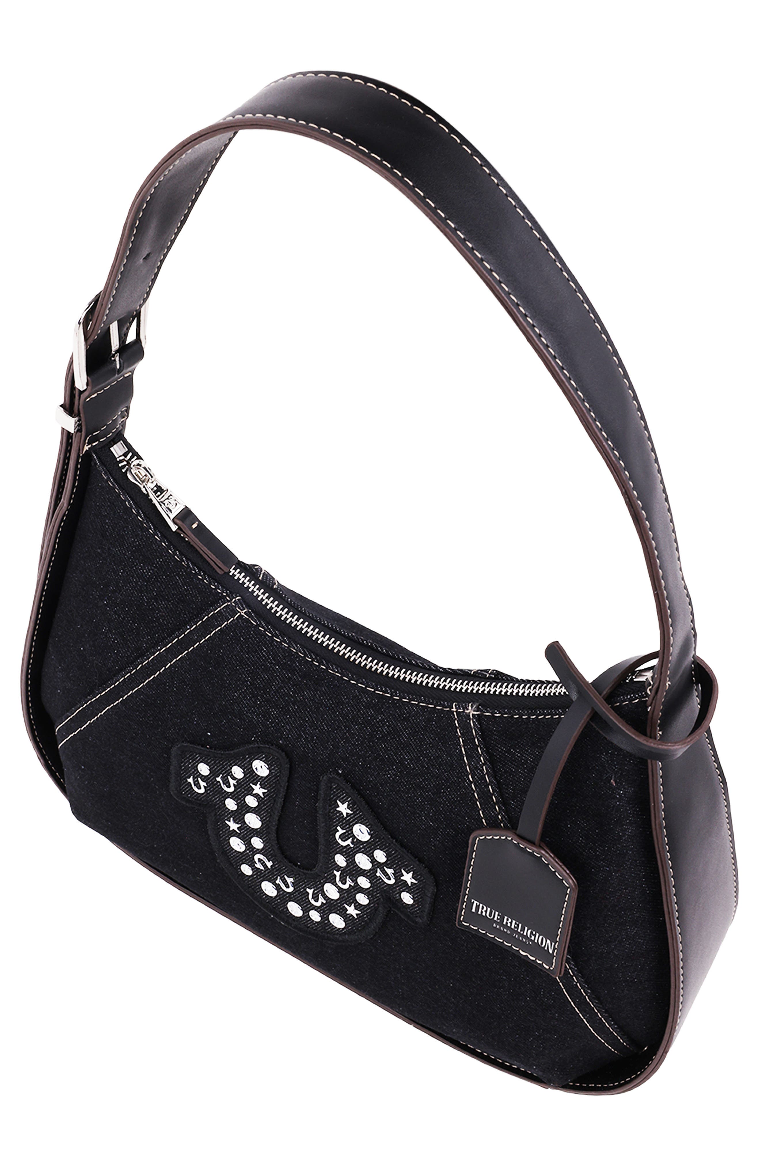 True Religion Studded Logo Denim Shoulder Bag, Alternate, color, Black