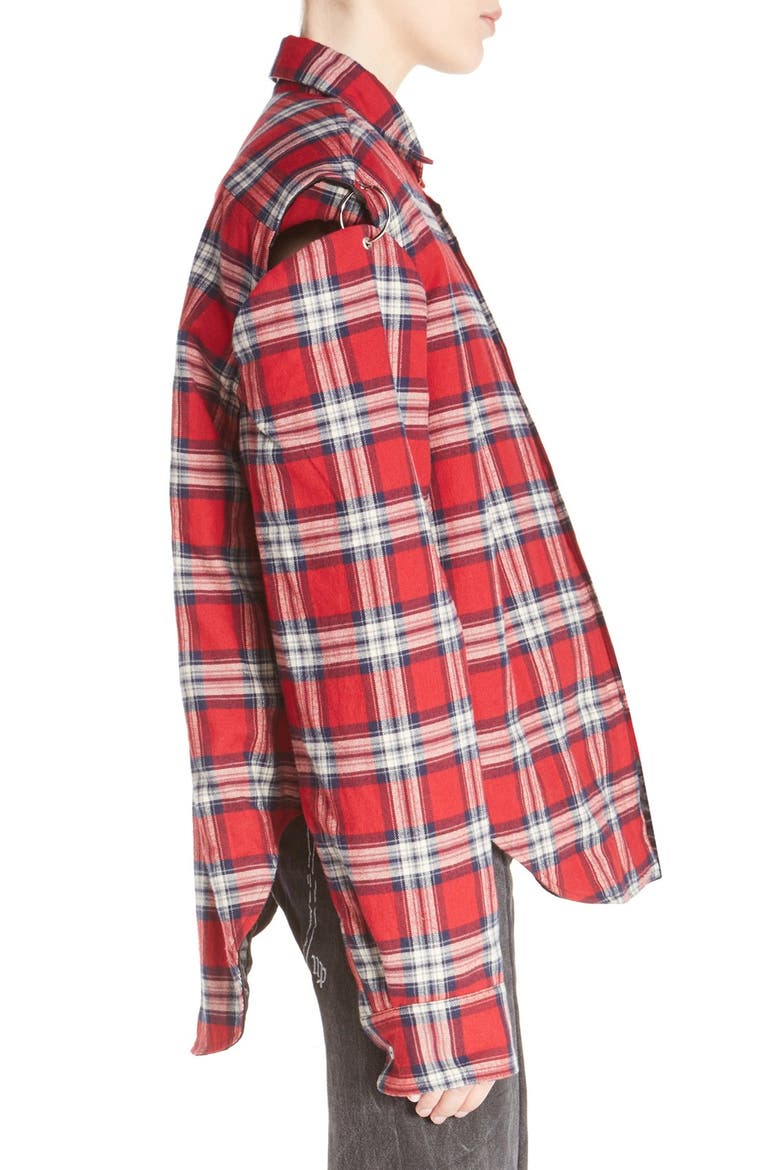 Pierced Plaid Flannel Shirt, Alternate, color, RED CHECK